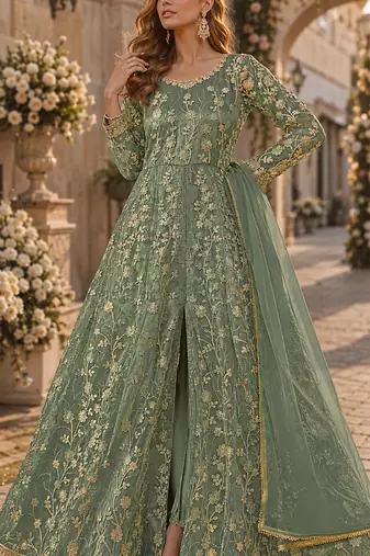 Light green embroidered butterfly net anarkali suit