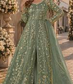 Light green embroidered butterfly net semi stitched anarkali suit
