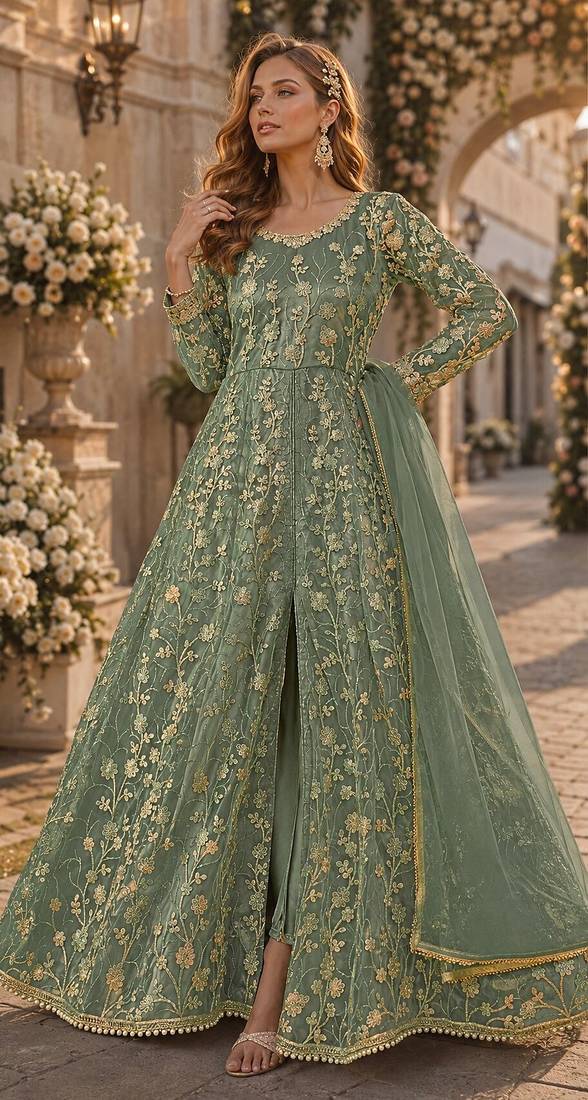 Light green embroidered butterfly net semi stitched anarkali suit