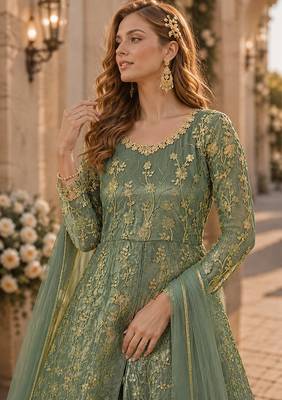 Light green embroidered butterfly net semi stitched anarkali suit 2
