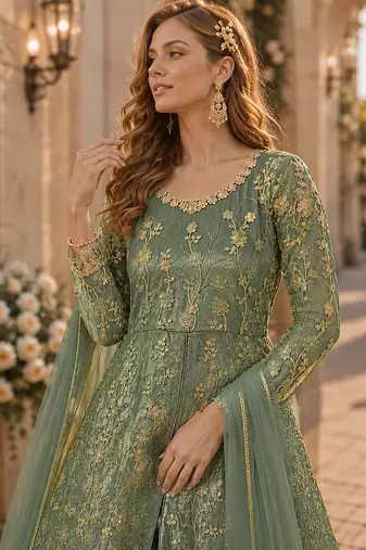 Light green embroidered butterfly net anarkali suit