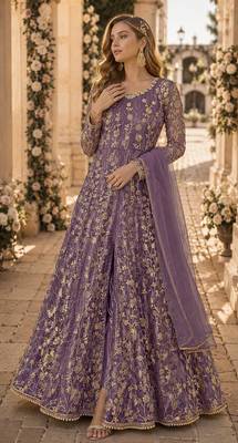 Purple embroidered butterfly net anarkali suit 1