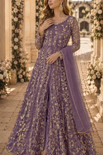 Purple embroidered butterfly net anarkali suit