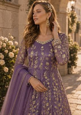 Purple embroidered butterfly net anarkali suit 2