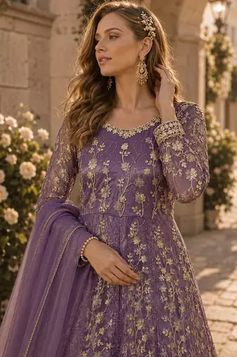 Purple embroidered butterfly net anarkali suit