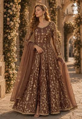 Brown embroidered butterfly net semi stitched anarkali suit 1