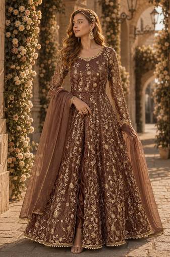 Brown embroidered butterfly net anarkali suit