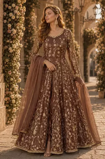 Brown embroidered butterfly net anarkali suit