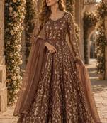 Brown embroidered butterfly net semi stitched anarkali suit