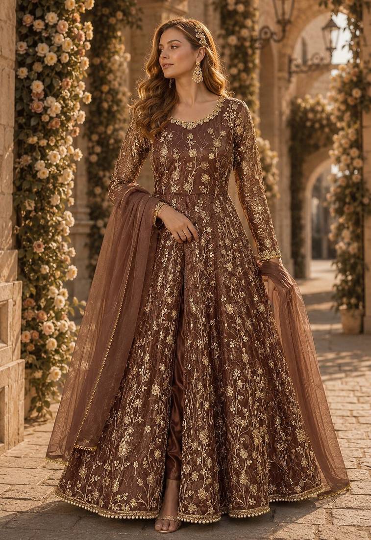 Brown embroidered butterfly net semi stitched anarkali suit