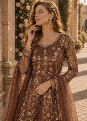 Brown embroidered butterfly net semi stitched anarkali suit 2