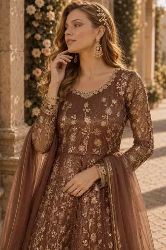 Brown embroidered butterfly net anarkali suit