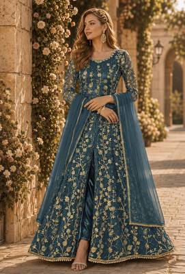 Dark grey embroidered butterfly net semi stitched anarkali suit 1