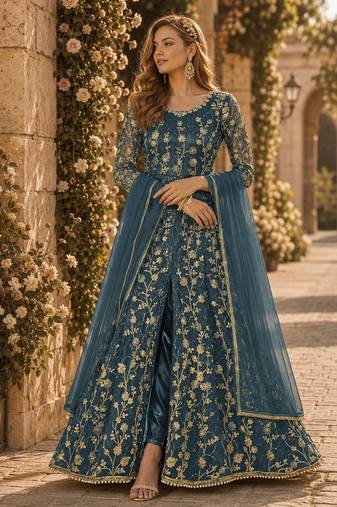 Dark grey embroidered butterfly net anarkali suit