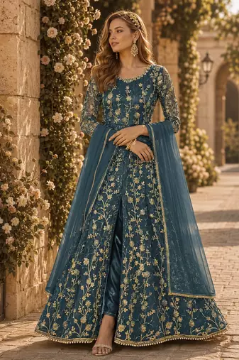 Dark grey embroidered butterfly net anarkali suit