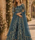 Dark grey embroidered butterfly net semi stitched anarkali suit