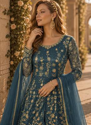Dark grey embroidered butterfly net semi stitched anarkali suit 2