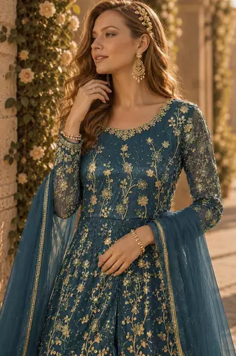 Dark grey embroidered butterfly net anarkali suit