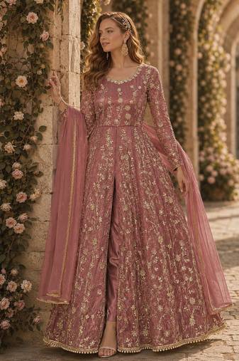Peach embroidered butterfly net anarkali suit