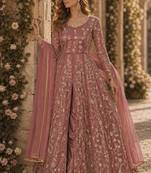 Peach embroidered butterfly net semi stitched anarkali suit