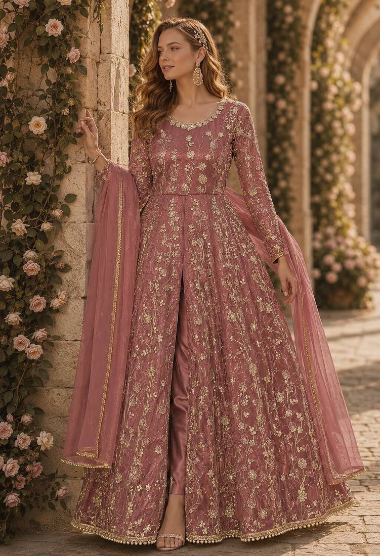 Peach embroidered butterfly net semi stitched anarkali suit