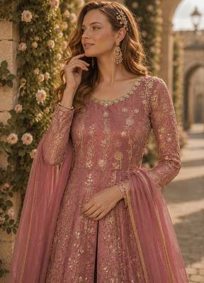Peach embroidered butterfly net semi stitched anarkali suit 2