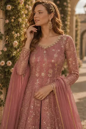 Peach embroidered butterfly net anarkali suit