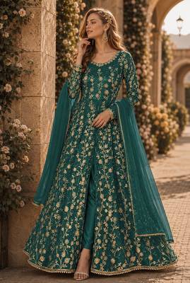 Teal embroidered butterfly net semi stitched anarkali suit 1