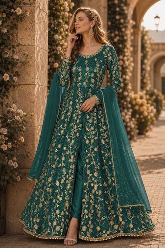 Teal embroidered butterfly net anarkali suit