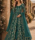 Teal embroidered butterfly net semi stitched anarkali suit
