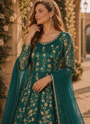 Teal embroidered butterfly net semi stitched anarkali suit 2