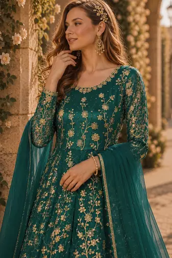 Teal embroidered butterfly net anarkali suit
