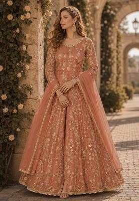 Orange embroidered butterfly net semi stitched anarkali suit 1