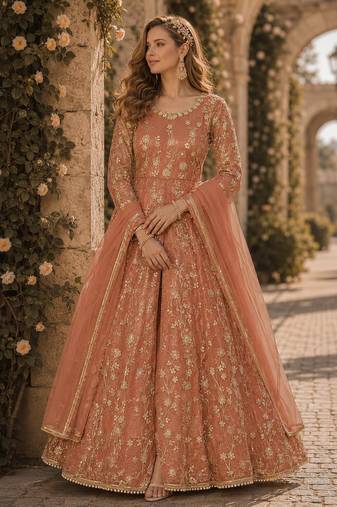 Orange embroidered butterfly net anarkali suit