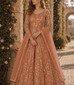 Orange embroidered butterfly net semi stitched anarkali suit