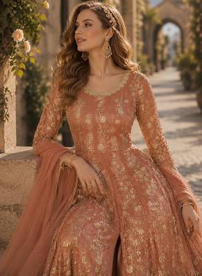 Orange embroidered butterfly net semi stitched anarkali suit 2