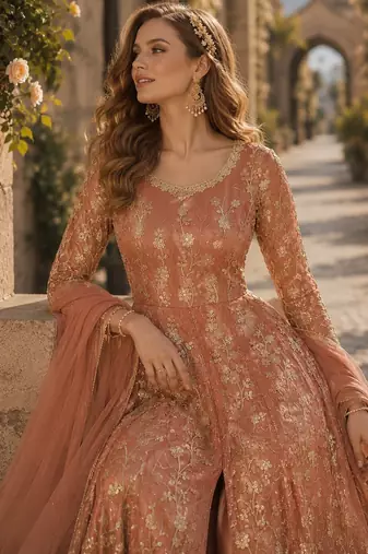 Orange embroidered butterfly net anarkali suit