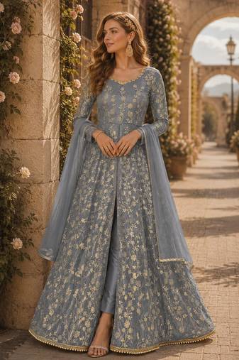 Grey embroidered butterfly net anarkali suit