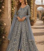 Grey embroidered butterfly net semi stitched anarkali suit