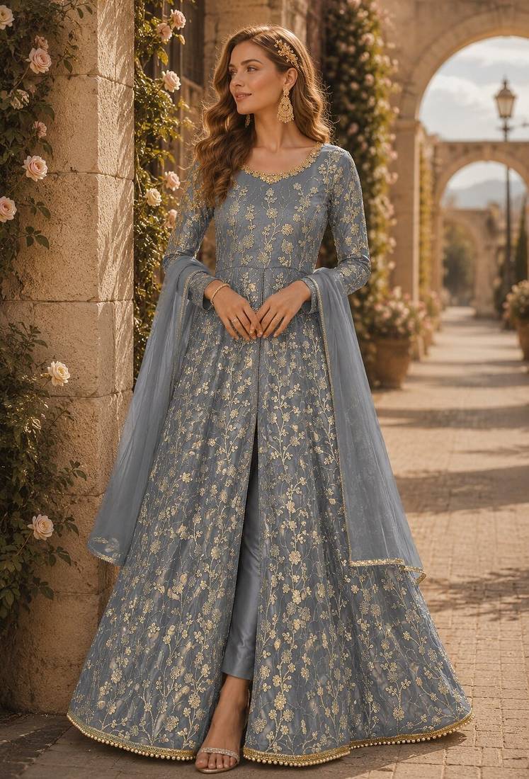 Grey embroidered butterfly net semi stitched anarkali suit