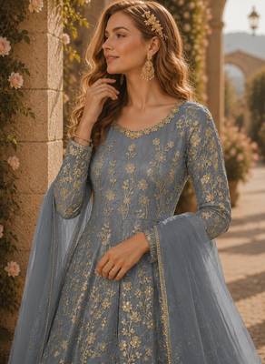 Grey embroidered butterfly net semi stitched anarkali suit 2