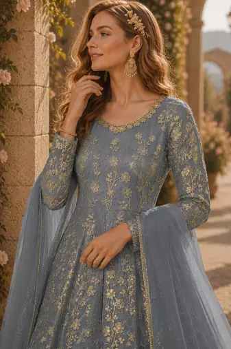 Grey embroidered butterfly net anarkali suit