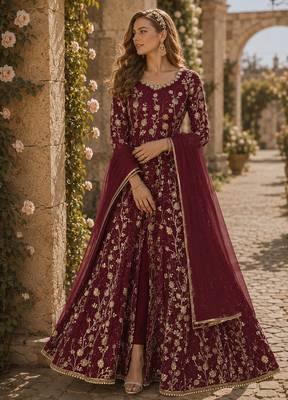 Wine embroidered butterfly net semi stitched anarkali suit 1