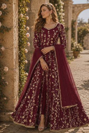Wine embroidered butterfly net anarkali suit