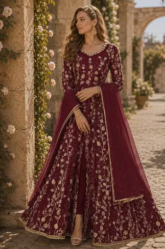 Wine embroidered butterfly net anarkali suit