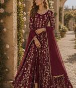 Wine embroidered butterfly net semi stitched anarkali suit