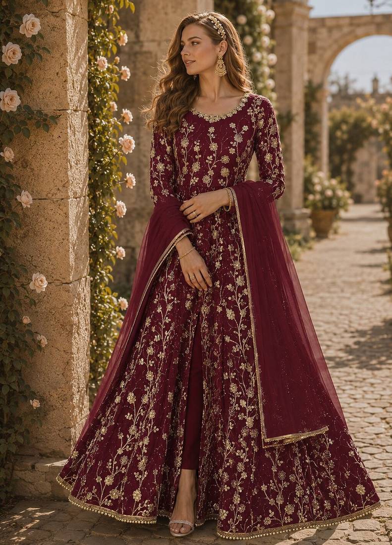 Wine embroidered butterfly net semi stitched anarkali suit