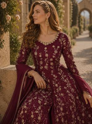 Wine embroidered butterfly net semi stitched anarkali suit 2