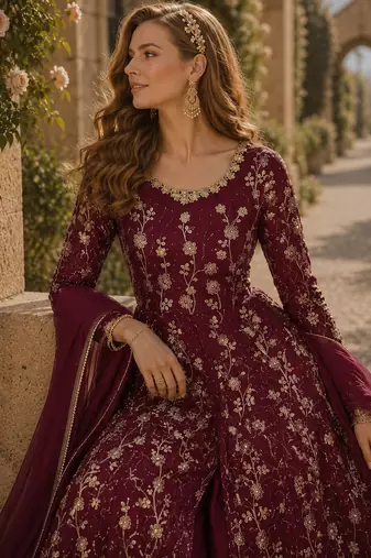 Wine embroidered butterfly net anarkali suit