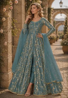 Sky blue embroidered butterfly net semi stitched anarkali suit 1